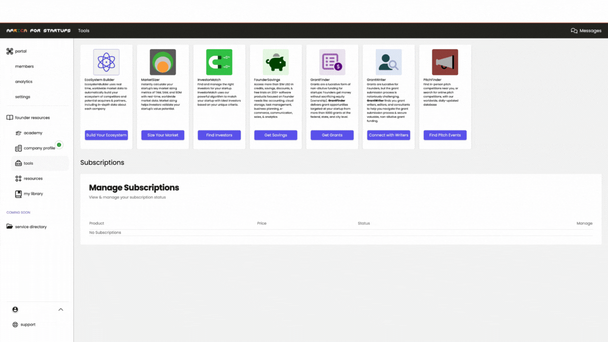 Africa for Startups Tools - EcoSystem Builder, MarketSizer, InvestorMatch and more.